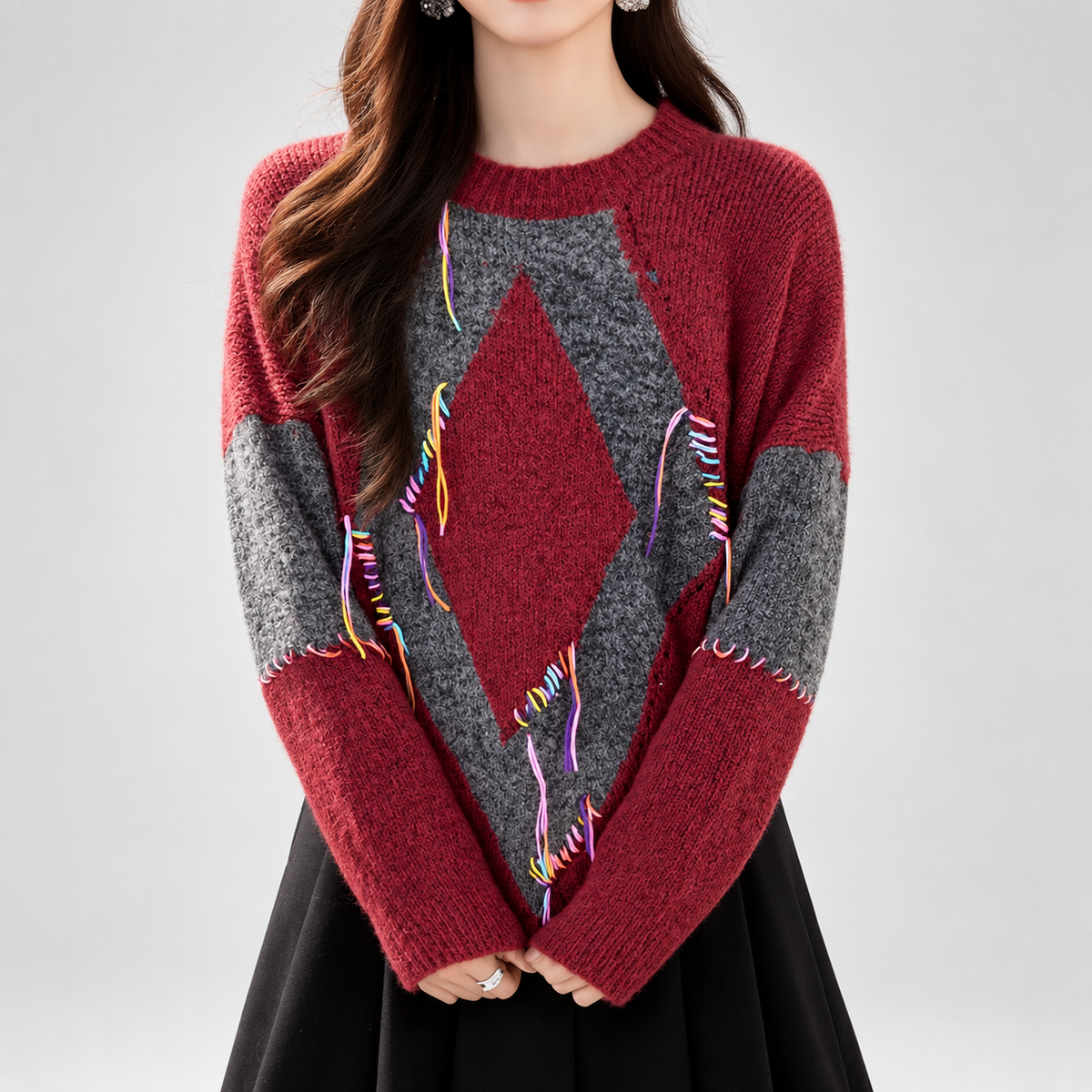 Camille Geometric Colorblock Knit Sweater with Multicolor Stitch Detail