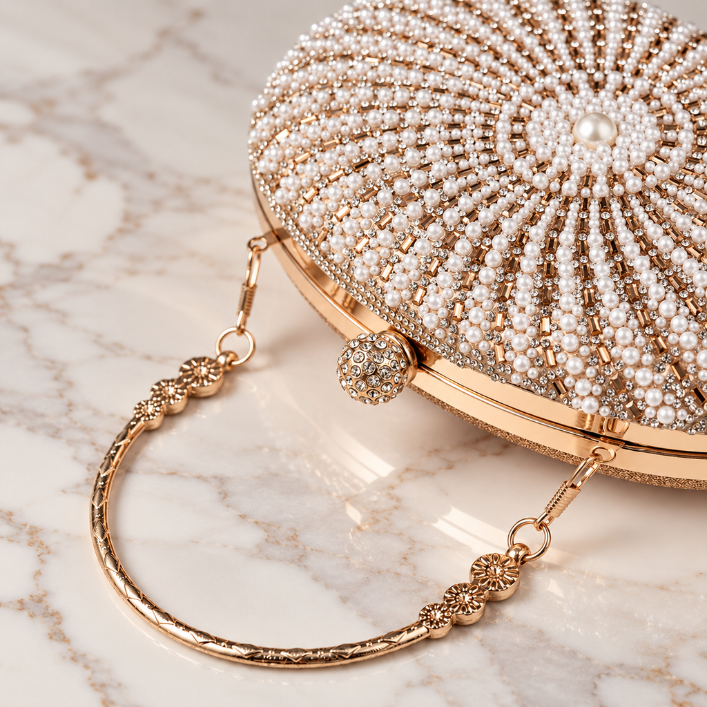 Elodie Pearl & Rhinestone Oval Evening Clutch with Metal Top Handle