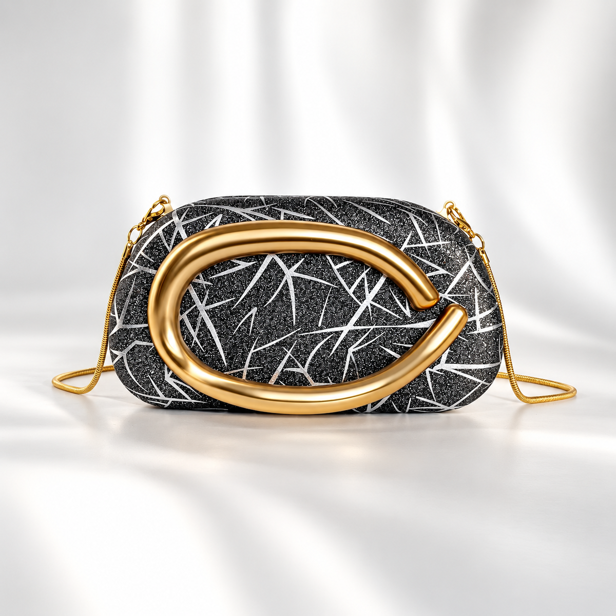 Camille Glitter Evening Clutch Bag with Gold Sculptural Handle