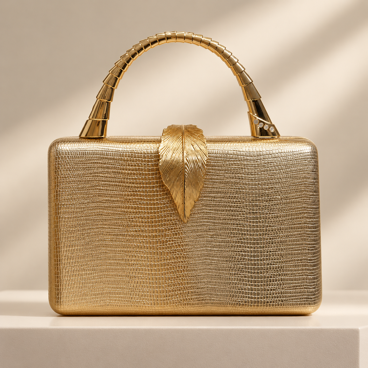 Camille Metallic Leaf Clasp Evening Clutch with Top Handle