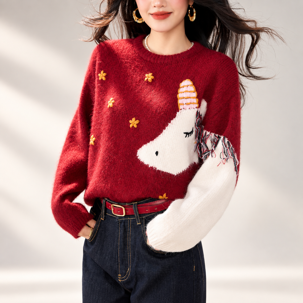 Vivienne Unicorn Intarsia Red Crew Neck Knit Sweater for Women