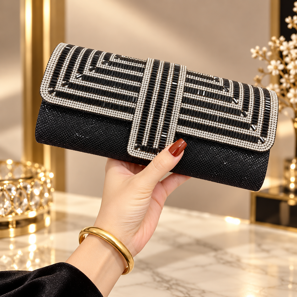 Vivienne Crystal Geometric Evening Clutch with Chain Strap
