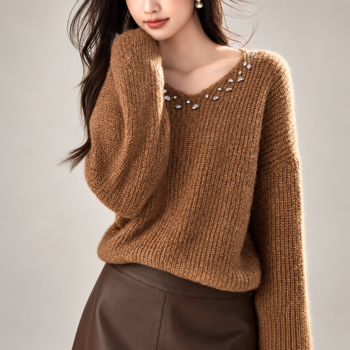 Elodie Crystal-Embellished V-Neck Knit Sweater