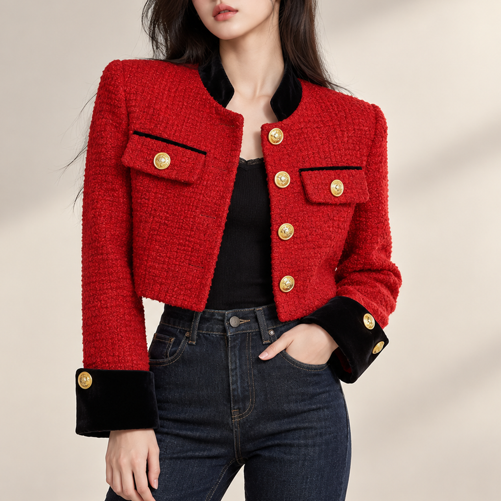 Alessia Women’s Textured Cropped Jacket – Contrast Trim Gold-Tone Button Cardigan Blazer