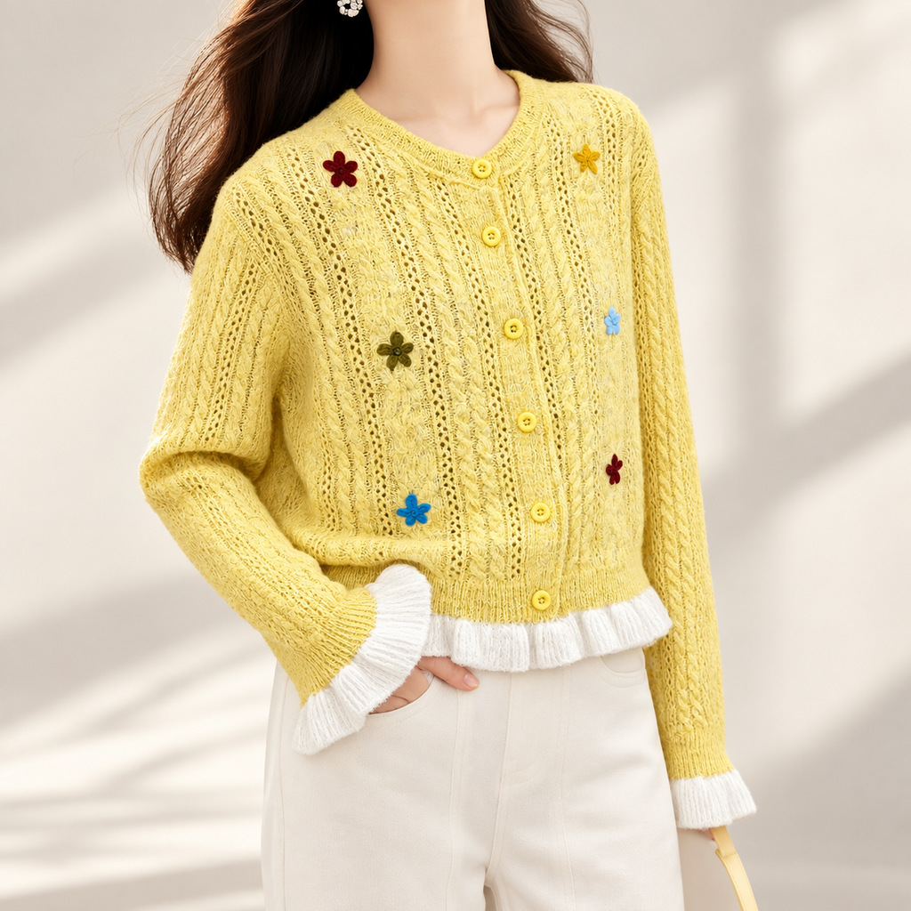 Florence Women’s Yellow Floral Openwork Knit Ruffle Cardigan