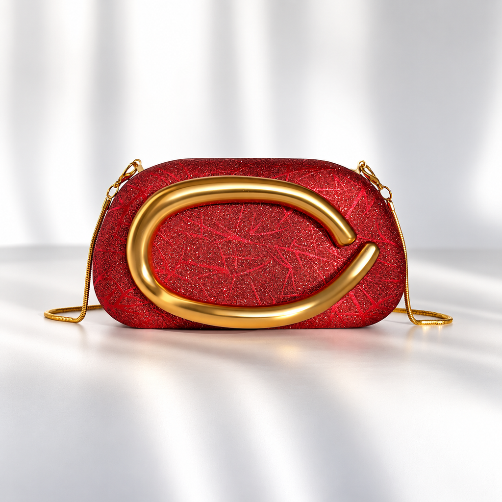 Camille Glitter Evening Clutch Bag with Gold Sculptural Handle