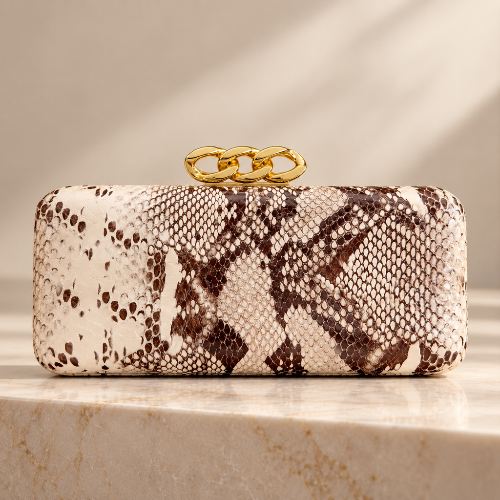 Camille Snakeskin-Print Chain Clasp Evening Clutch Bag