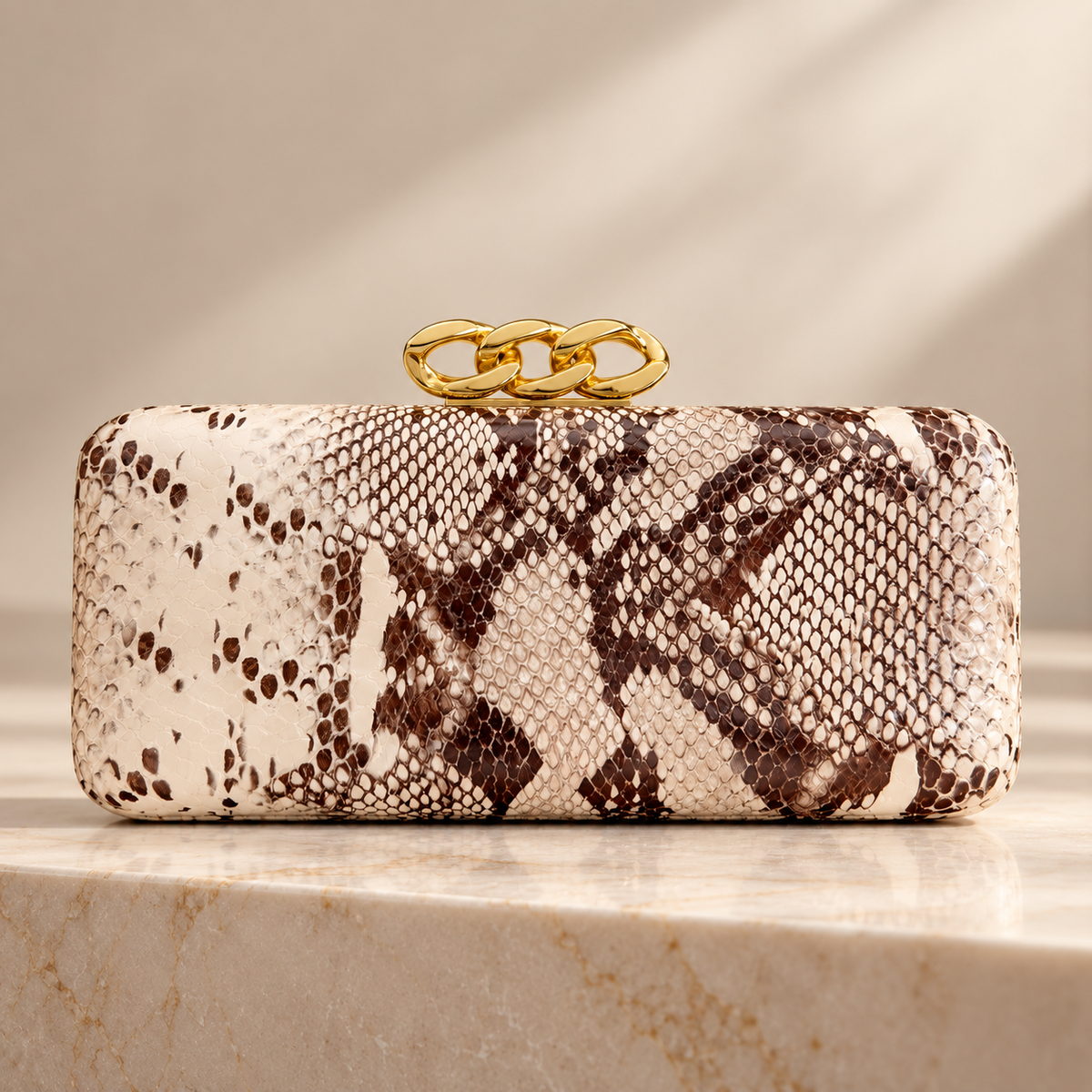 Camille Snakeskin-Print Chain Clasp Evening Clutch Bag