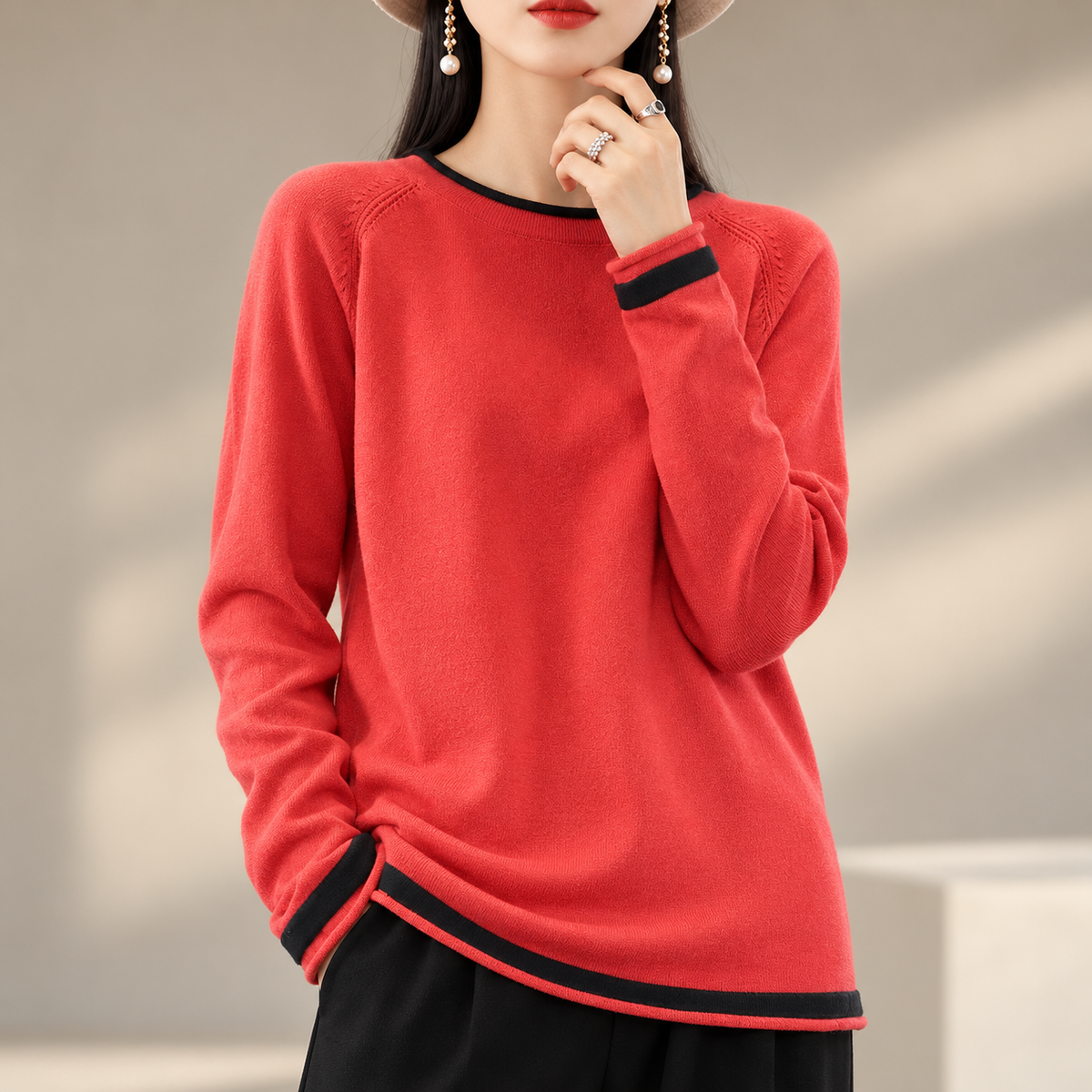 Adeline Contrast-Trim Women’s Crewneck Sweater