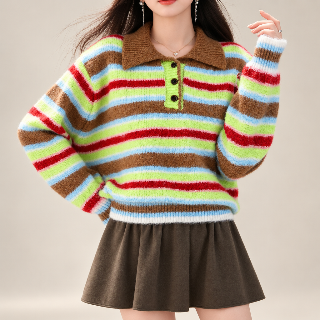 Amelia Women’s Multicolor Striped Collared Knit Sweater