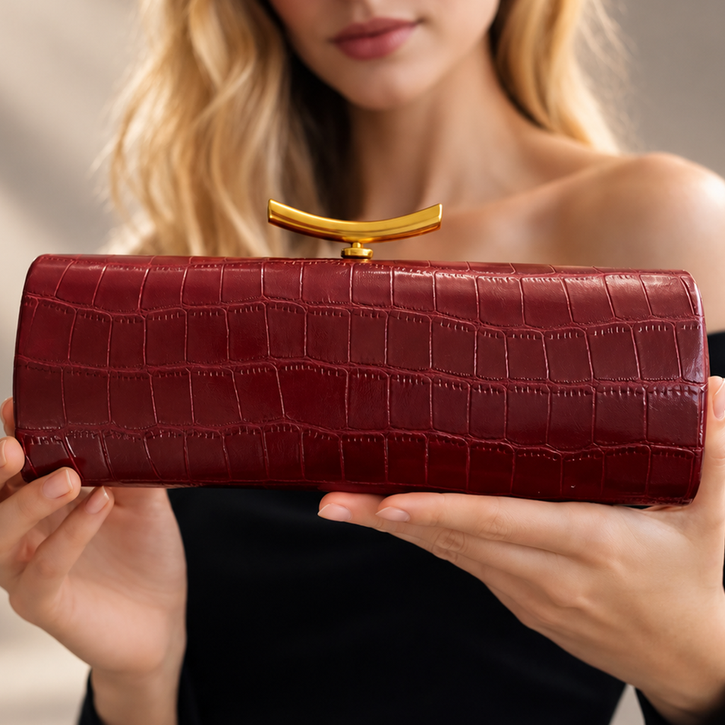 Juliette Croc-Embossed Evening Clutch with Gold Bar Clasp
