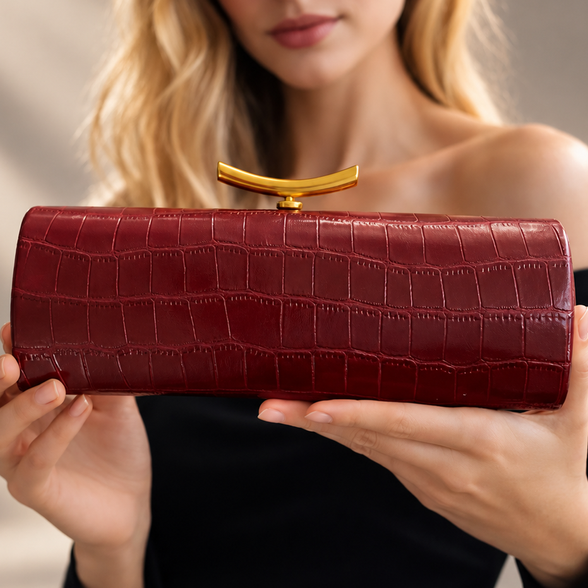 Juliette Croc-Embossed Evening Clutch with Gold Bar Clasp