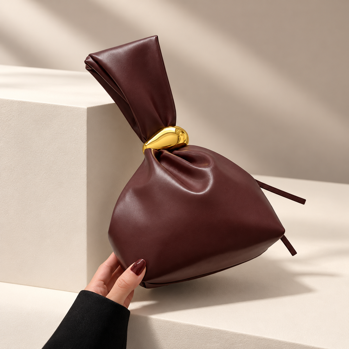 Alessia Sculpted Knot Pouch Bag with Gold-Tone Ring