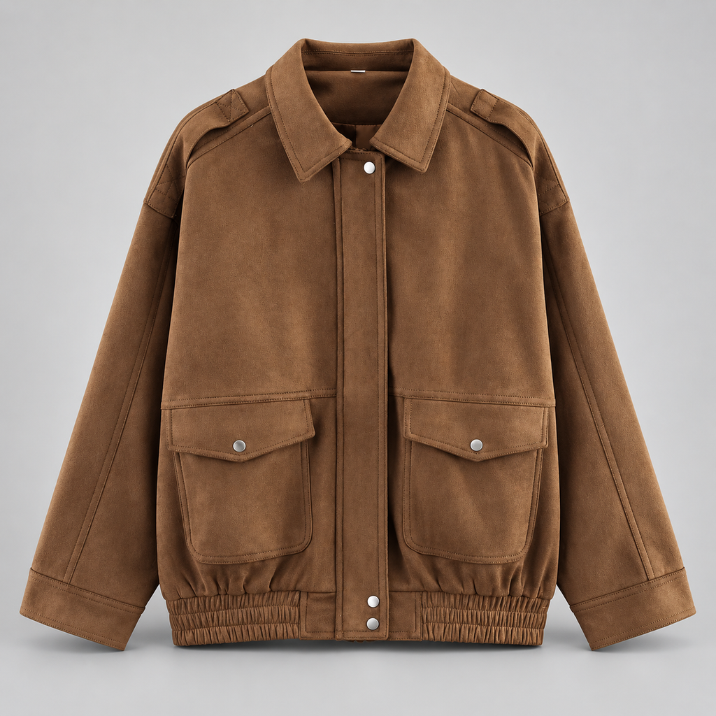 Bennett Women’s Faux Suede Utility Jacket – Relaxed Fit Snap-Front Bomber