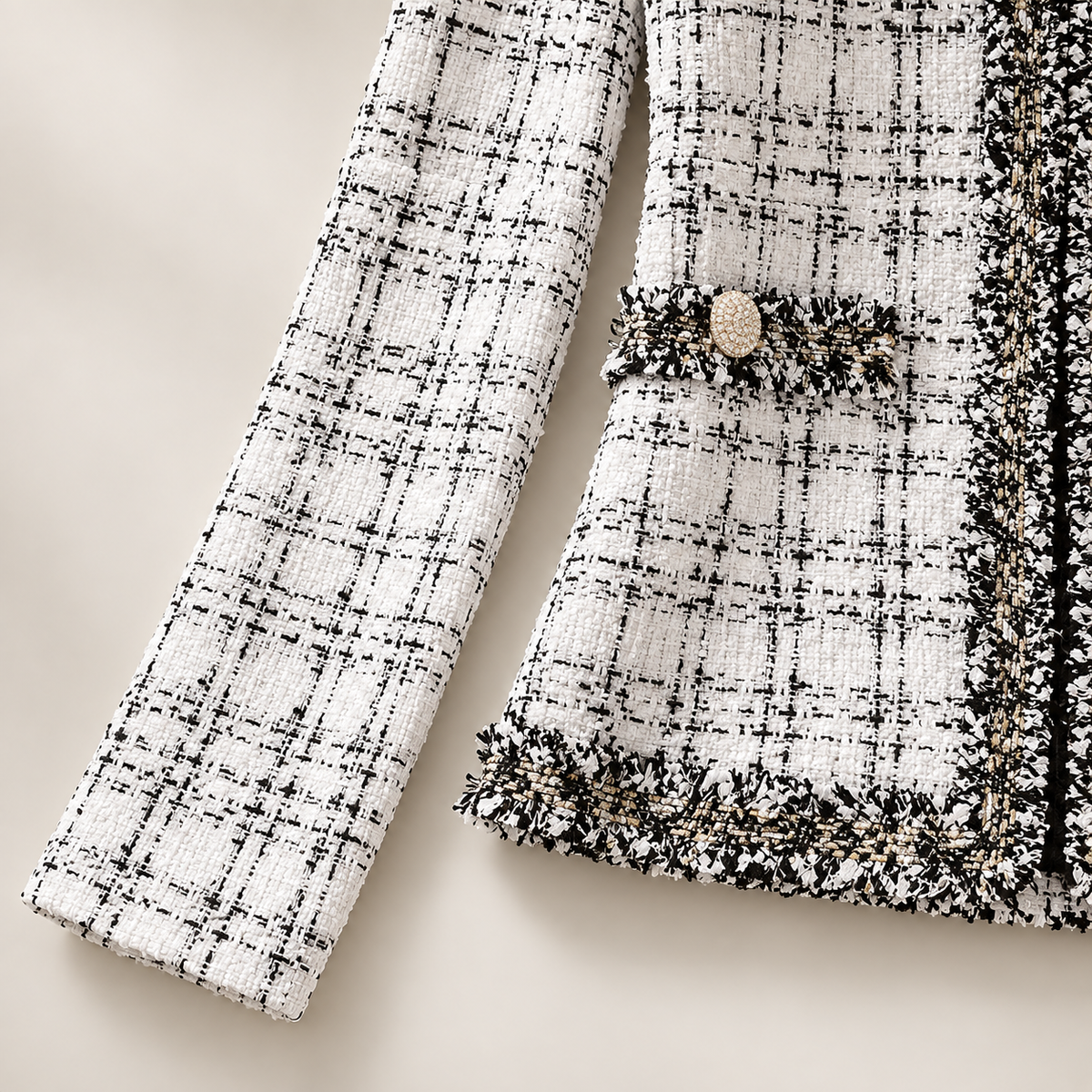 Genevieve Women’s Tweed Jacket – Collarless Fringed Trim Button-Front Blazer