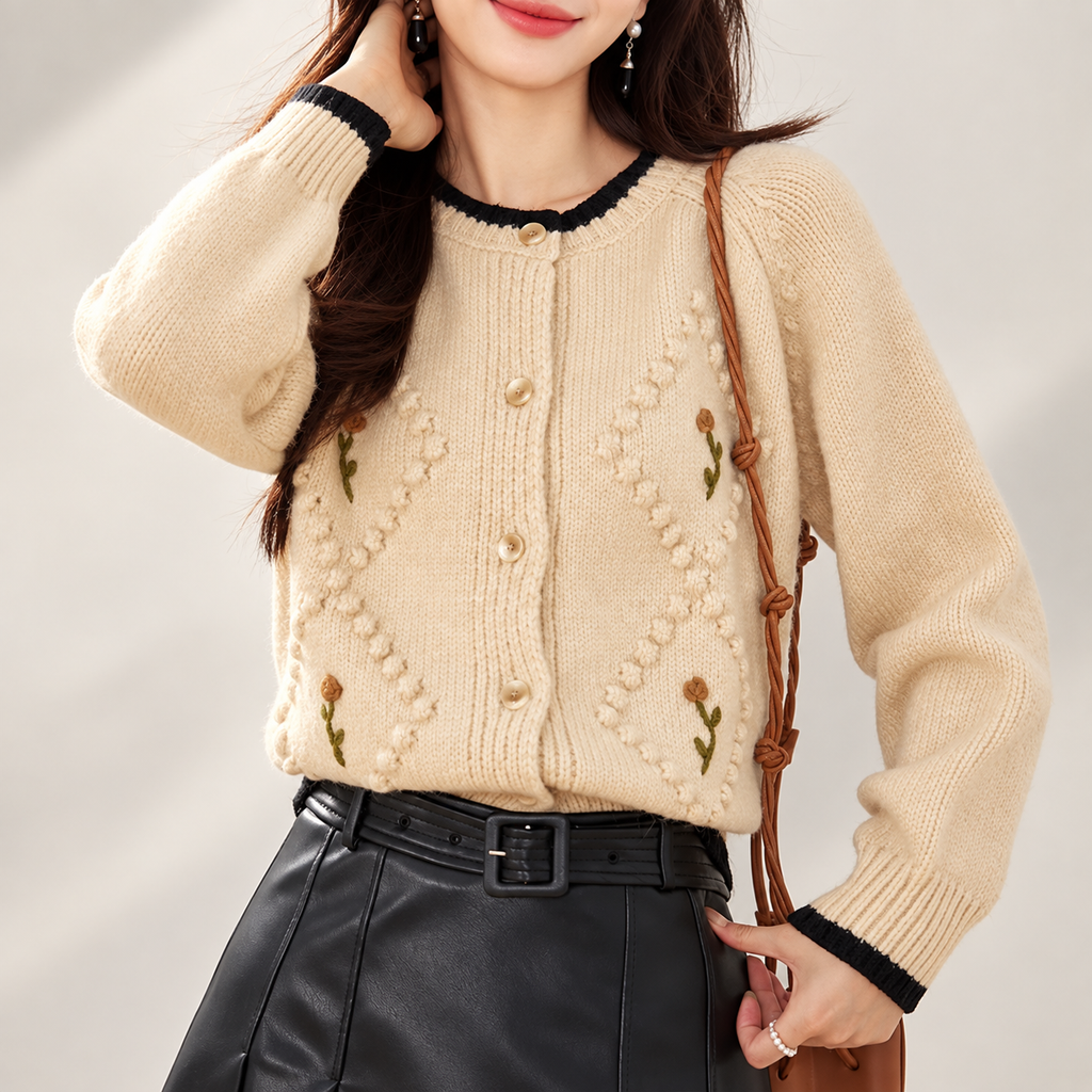 Isabella Floral Textured Button-Front Knit Cardigan