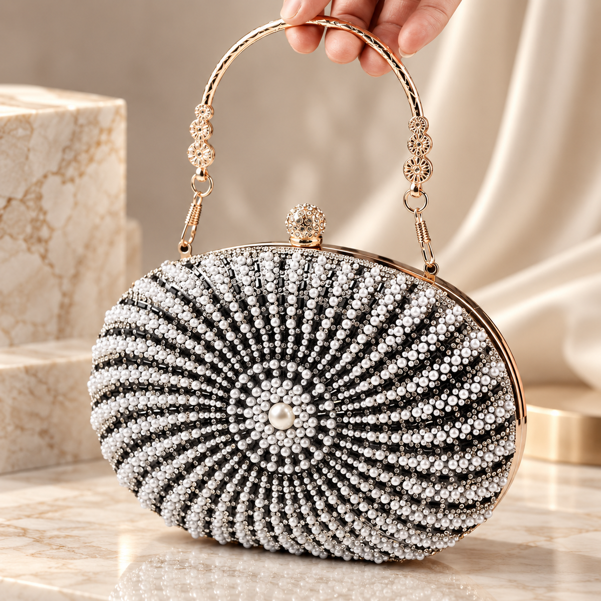 Elodie Pearl & Rhinestone Oval Evening Clutch with Metal Top Handle