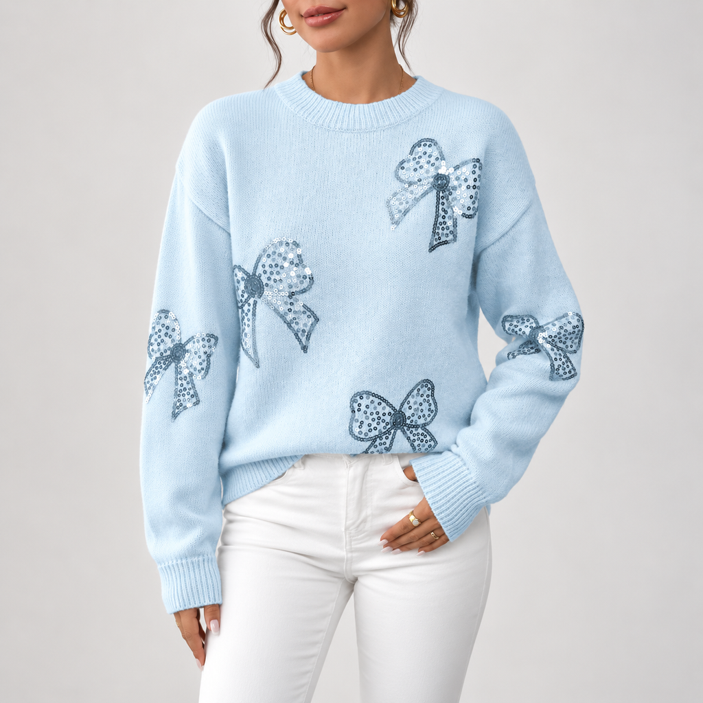 Sienna Sequin Bow Knit Sweater – Women’s Crewneck Pullover