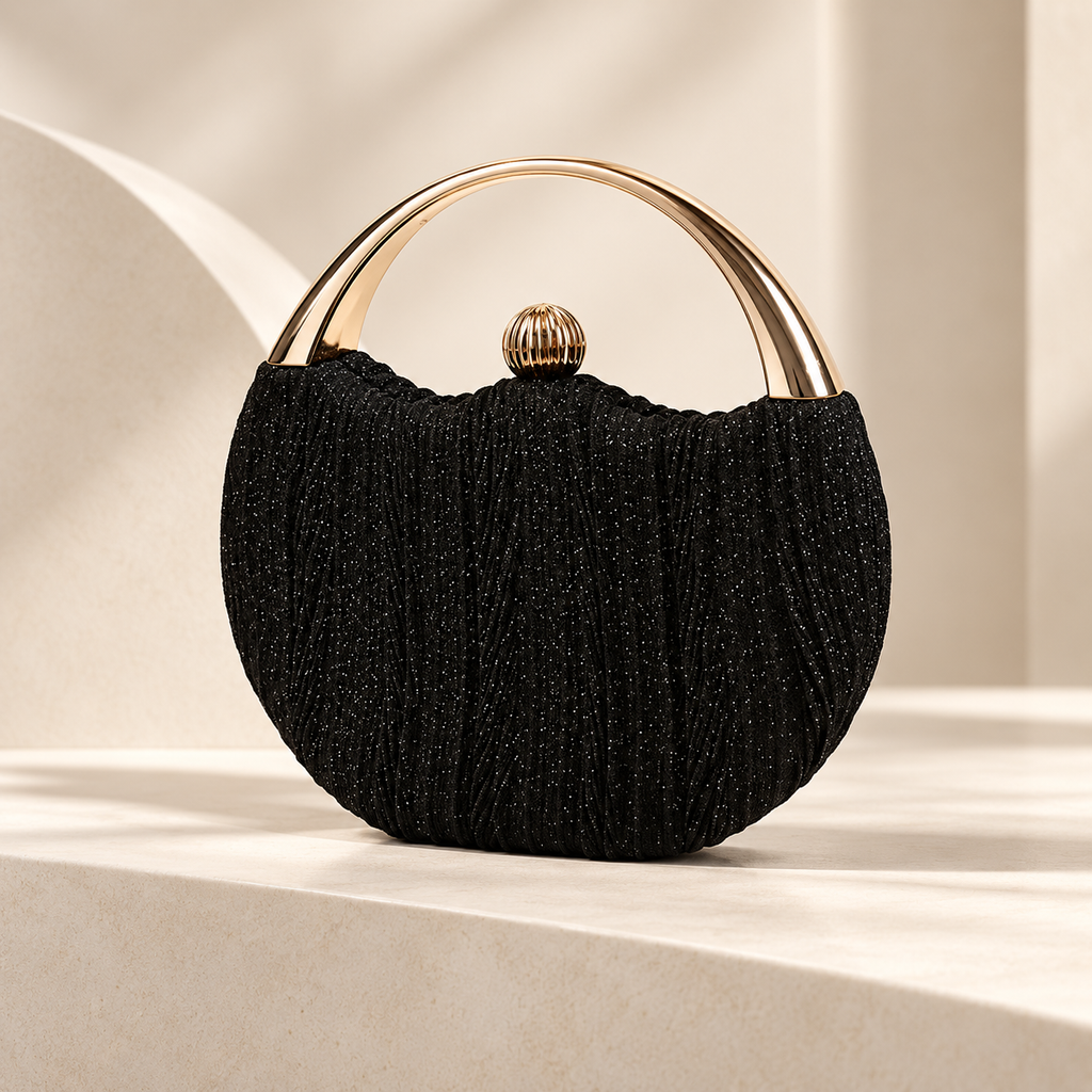 Lucienne Pleated Glitter Evening Clutch with Gold Handle