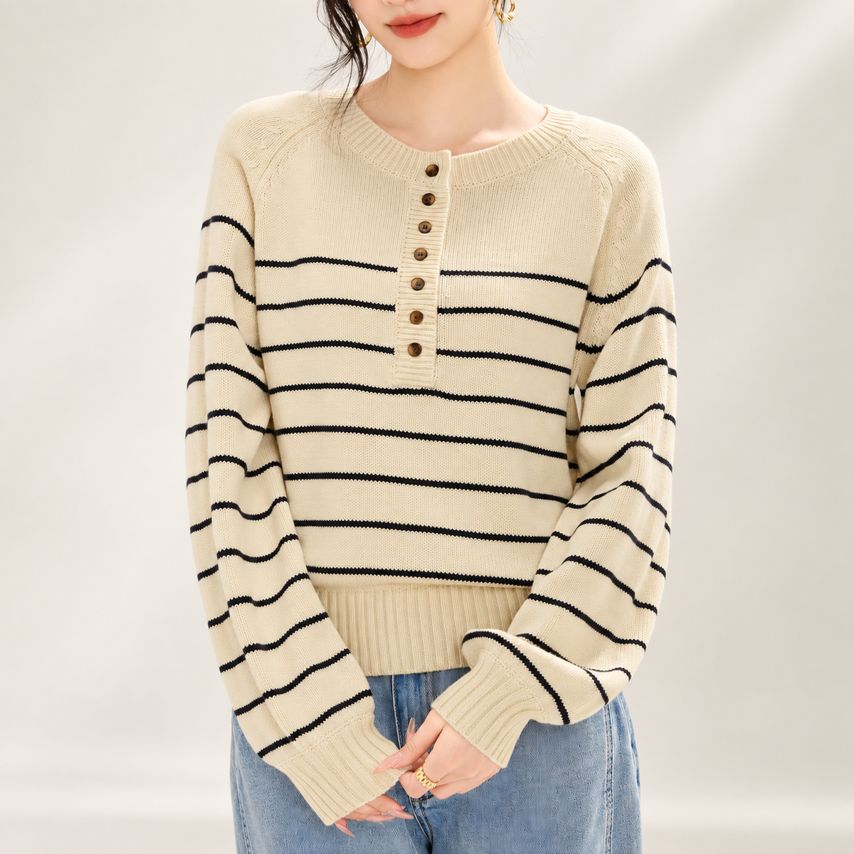 Elena Cream & Navy Striped Henley Knit Sweater