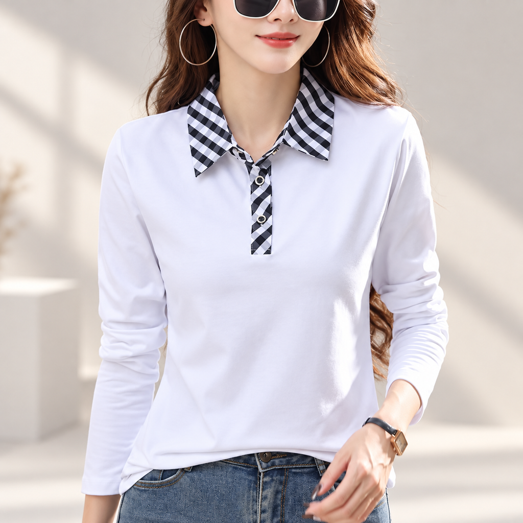 Camille Women’s Long Sleeve Polo Top with Checkered Collar