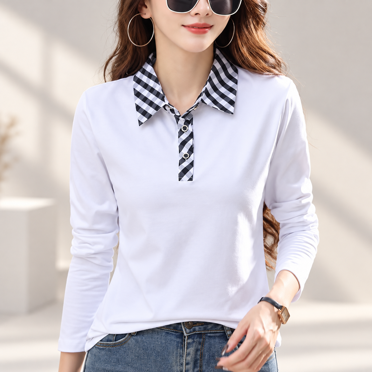 Camille Women’s Long Sleeve Polo Top with Checkered Collar