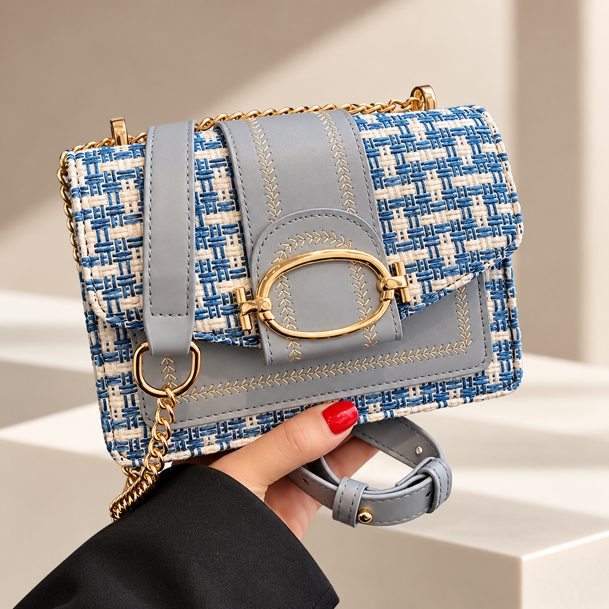 Elodie Tweed Crossbody Bag with Gold Oval Buckle