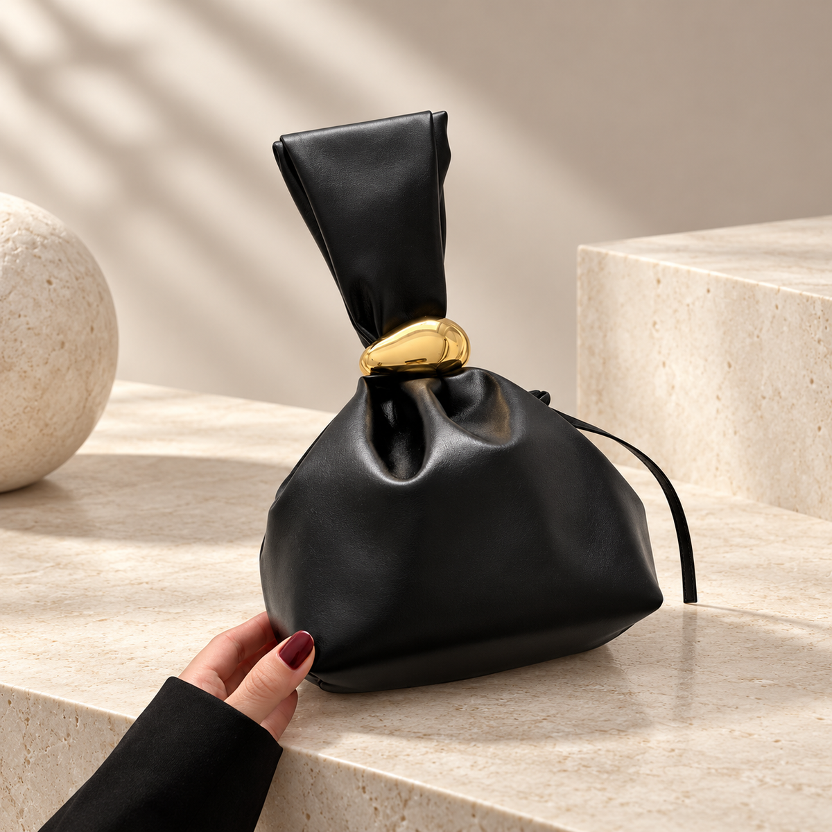 Alessia Sculpted Knot Pouch Bag with Gold-Tone Ring