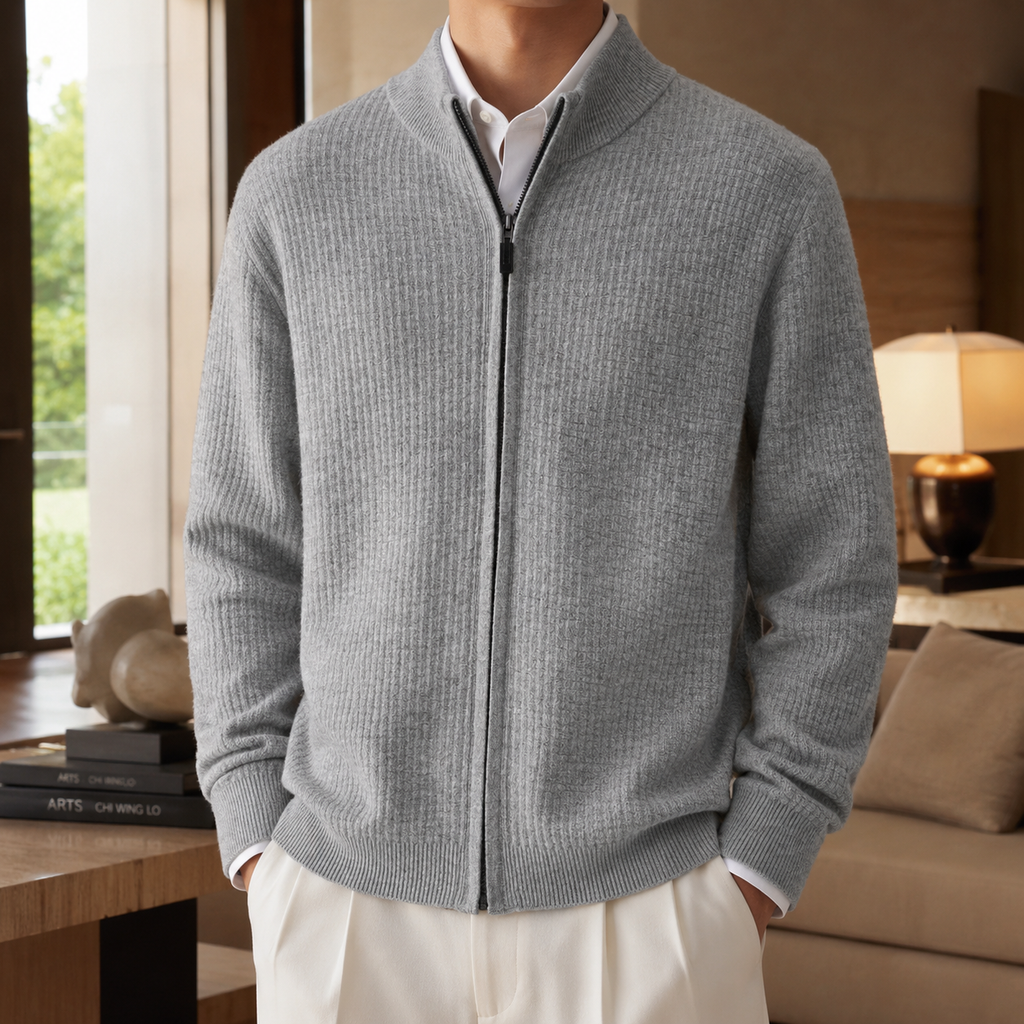 Harrison Men's Full-Zip Knit Cardigan – Textured Mock Neck Sweater