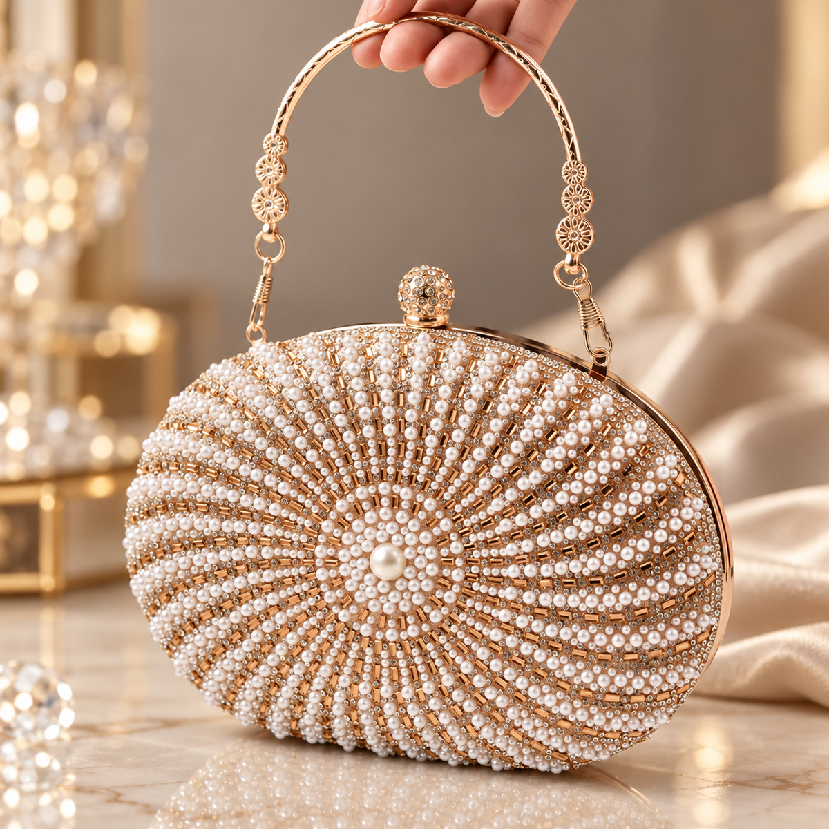 Elodie Pearl & Rhinestone Oval Evening Clutch with Metal Top Handle