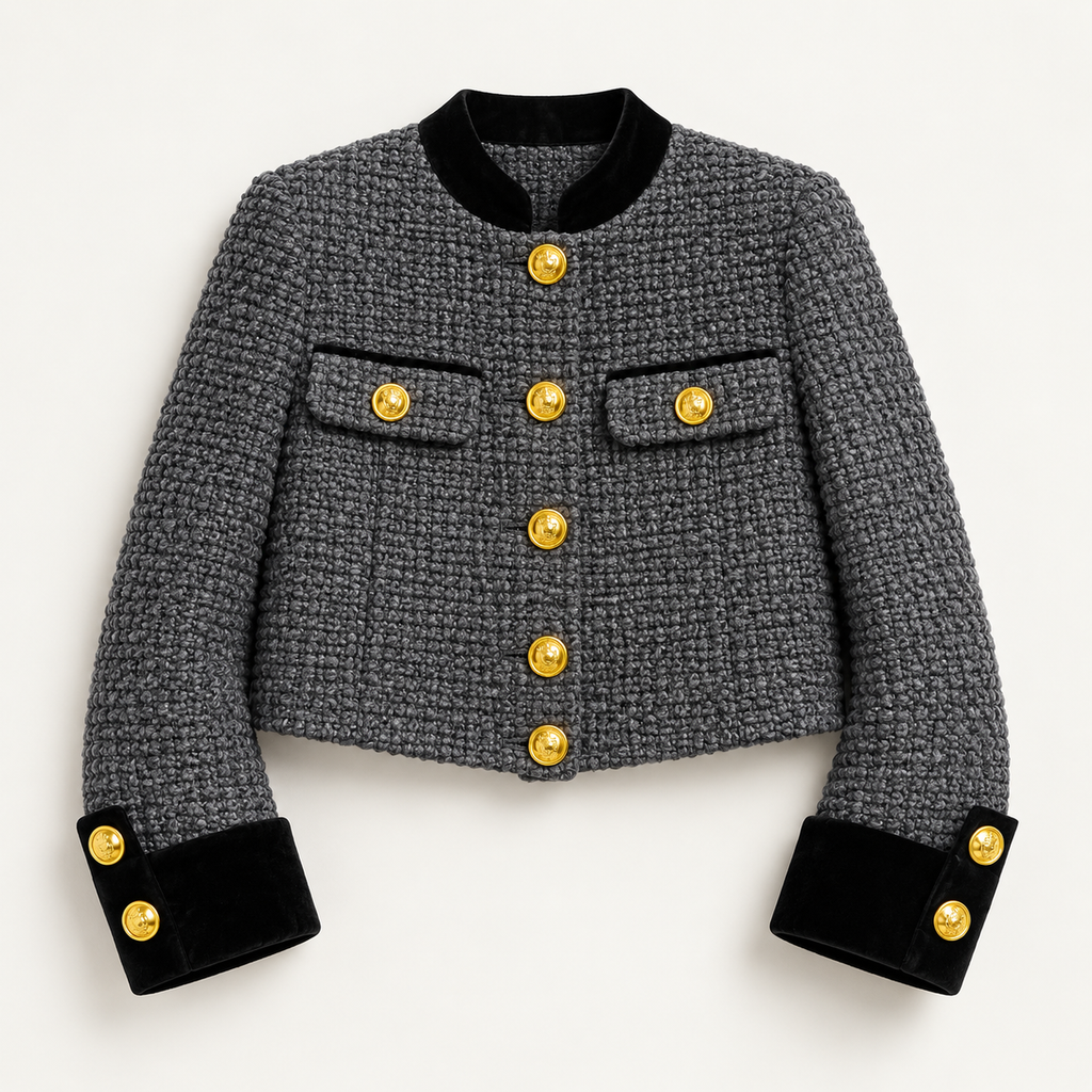 Alessia Women’s Textured Cropped Jacket – Contrast Trim Gold-Tone Button Cardigan Blazer