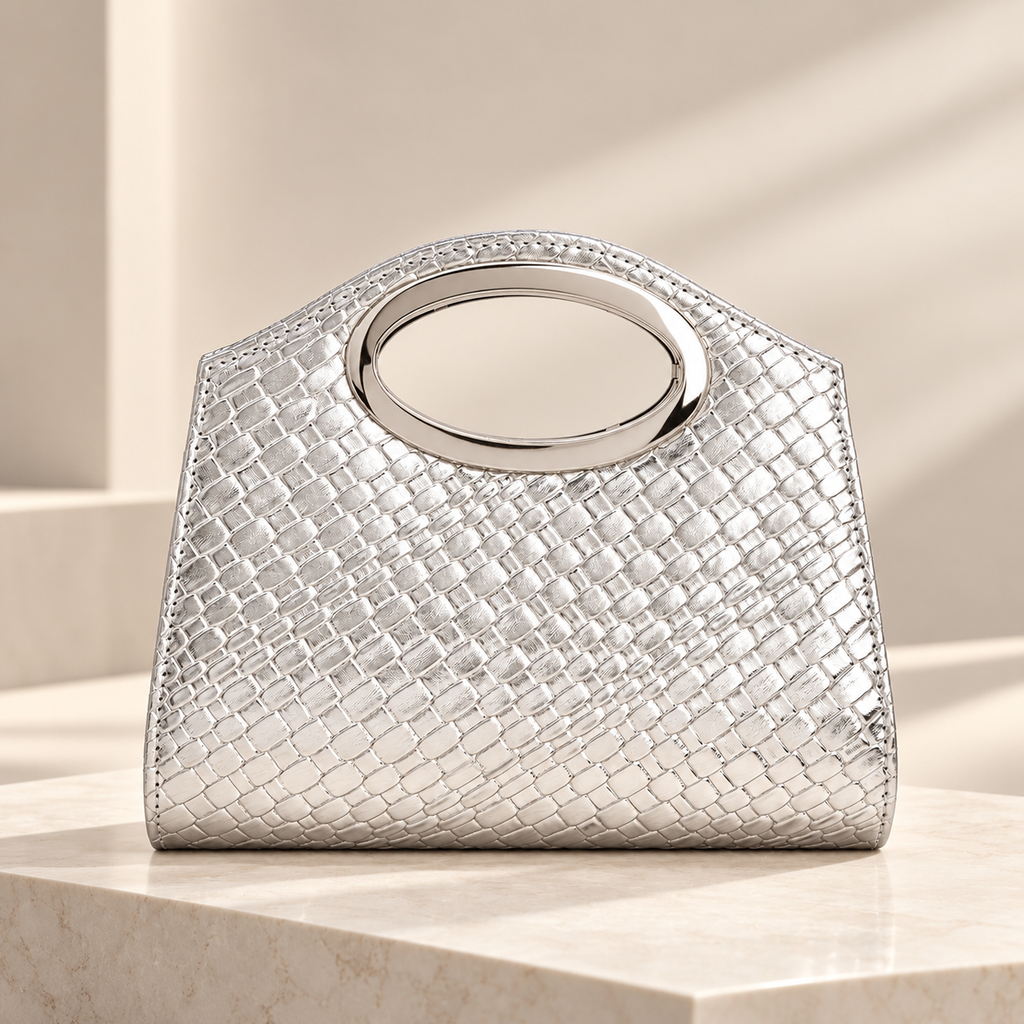 Camille Croc-Embossed Evening Handbag with Oval Metal Handle