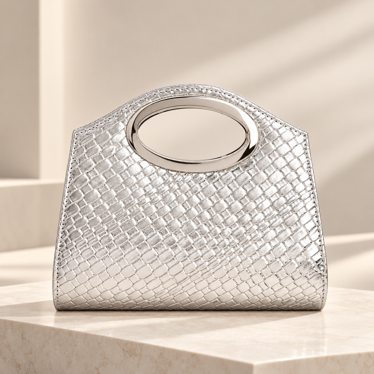 Camille Croc-Embossed Evening Handbag with Oval Metal Handle