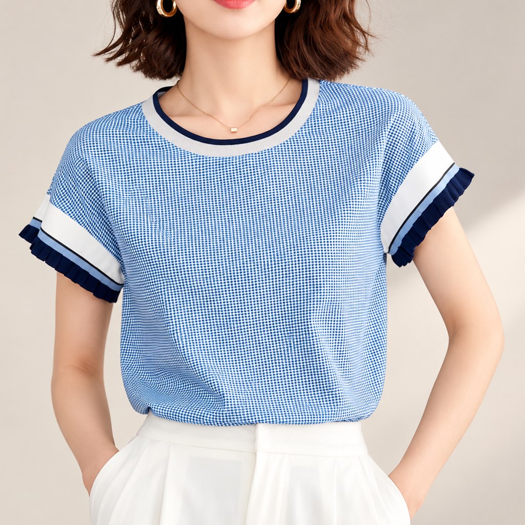 Beatrice Micro-Check Ruffle Sleeve Top