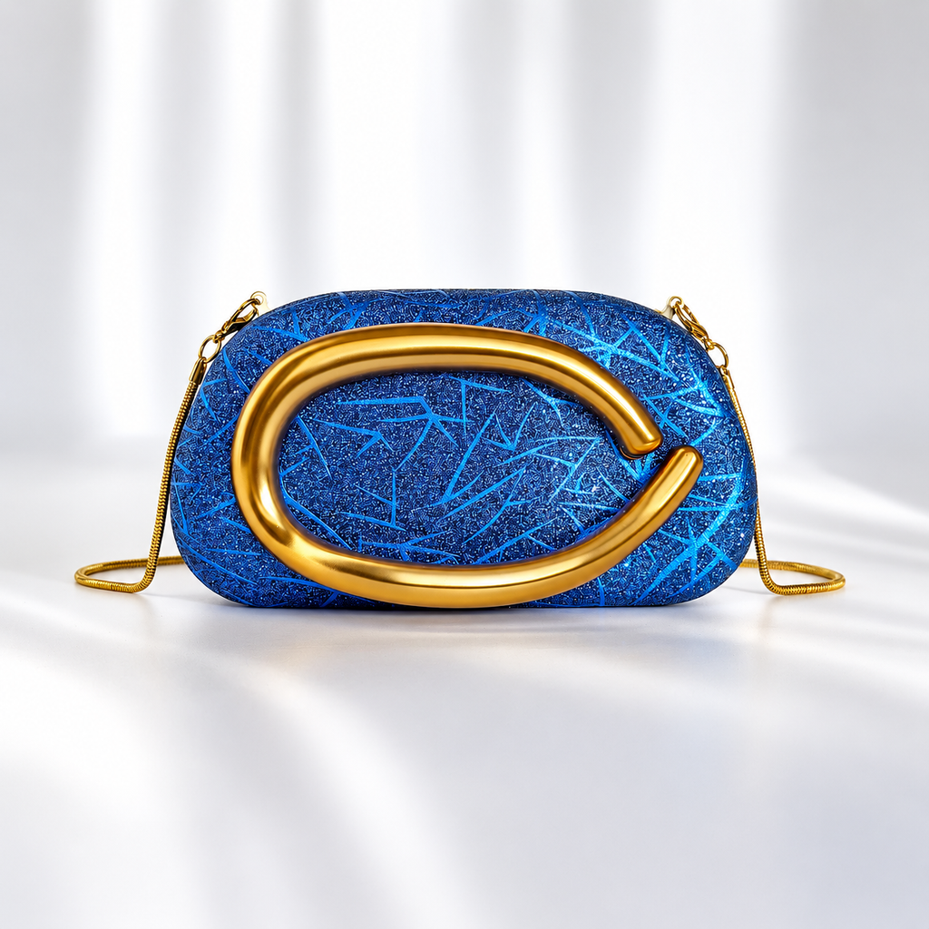 Camille Glitter Evening Clutch Bag with Gold Sculptural Handle