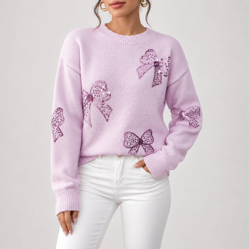 Sienna Sequin Bow Knit Sweater – Women’s Crewneck Pullover