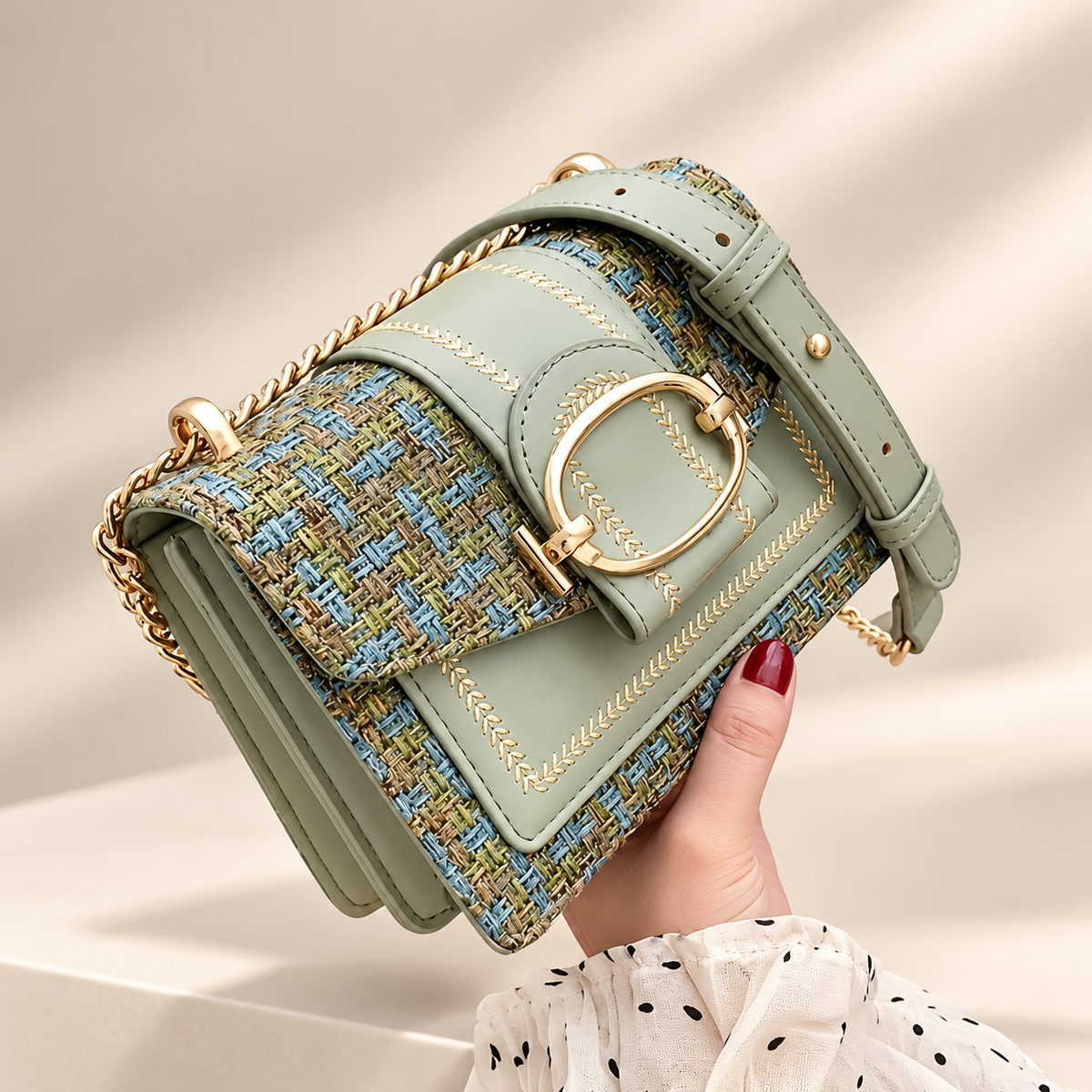 Elodie Tweed Crossbody Bag with Gold Oval Buckle