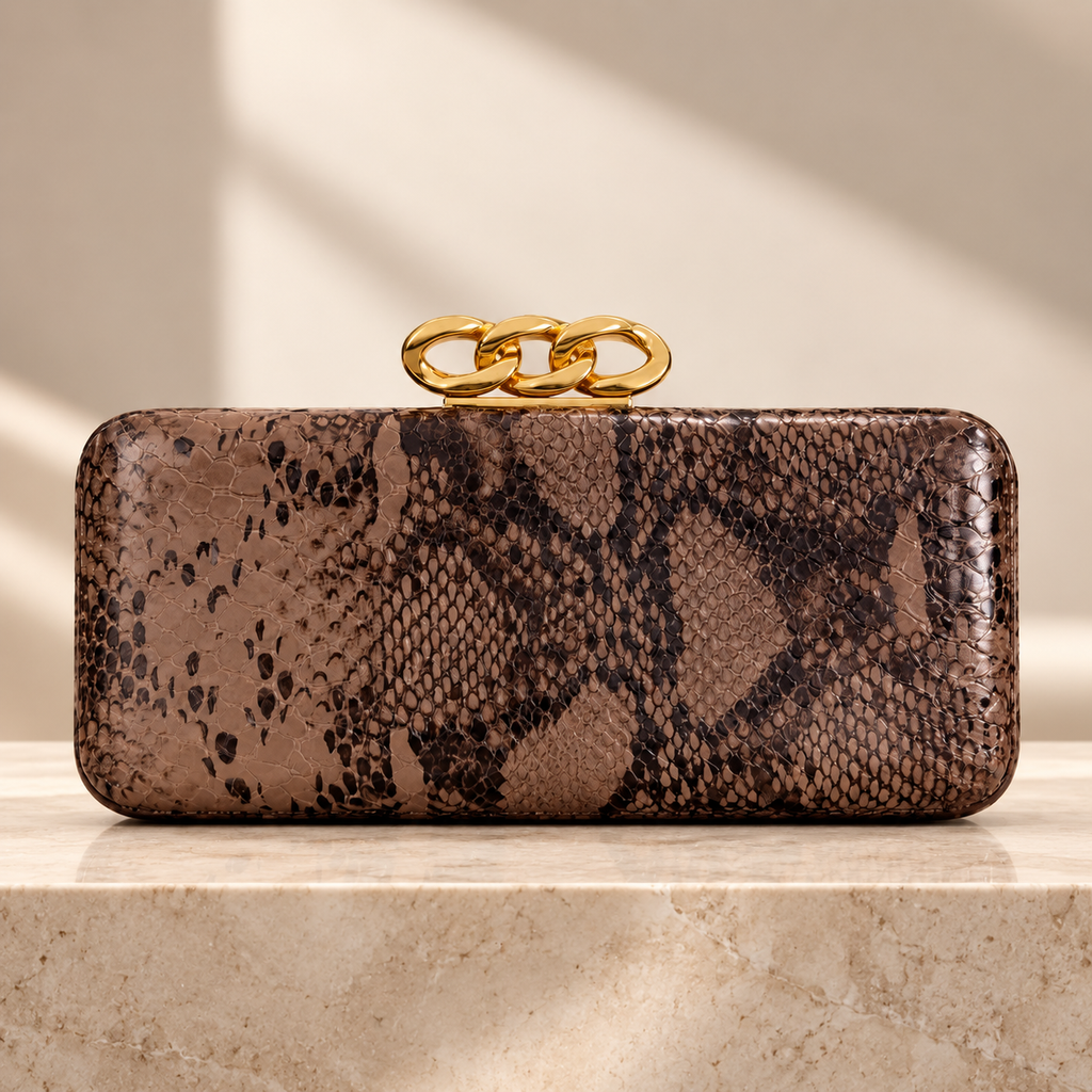 Camille Snakeskin-Print Chain Clasp Evening Clutch Bag