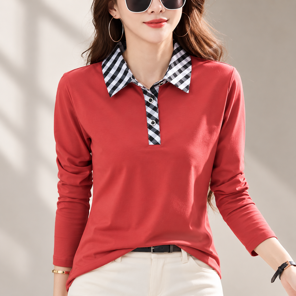 Camille Women’s Long Sleeve Polo Top with Checkered Collar