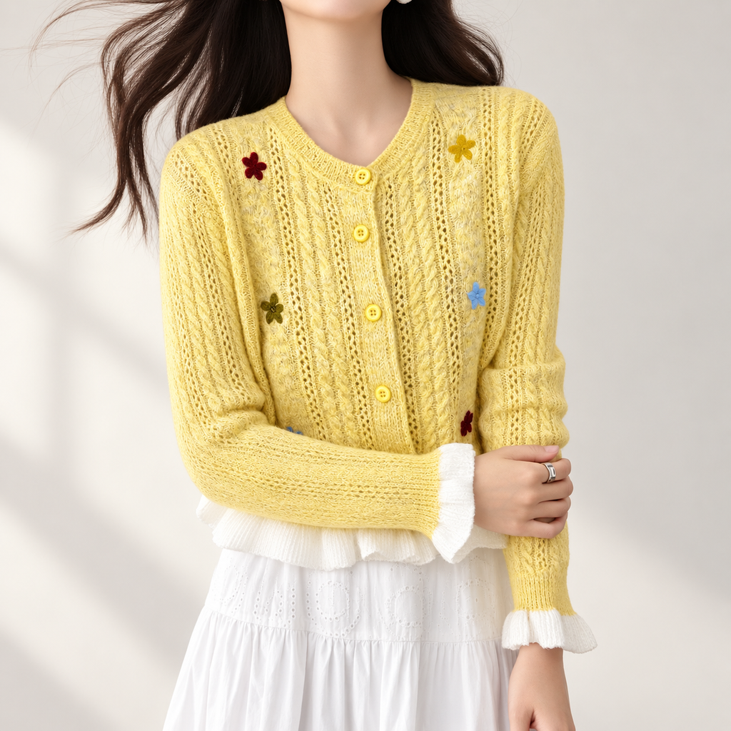 Florence Women’s Yellow Floral Openwork Knit Ruffle Cardigan