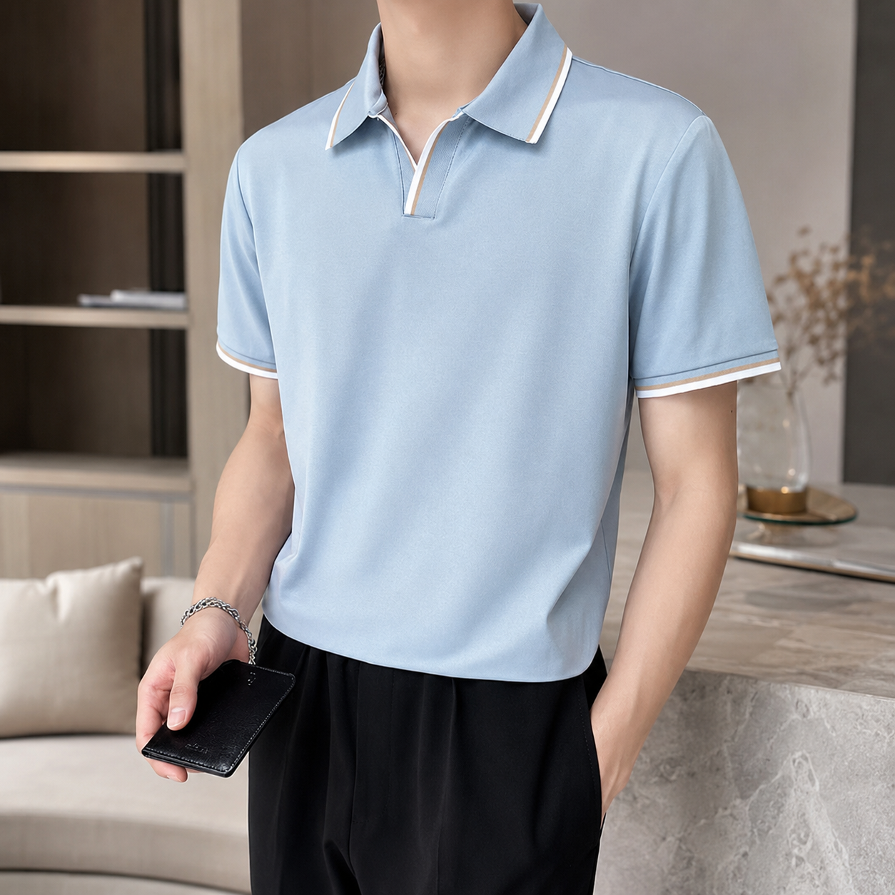 Enzo Men’s Contrast Trim Knit Polo Shirt