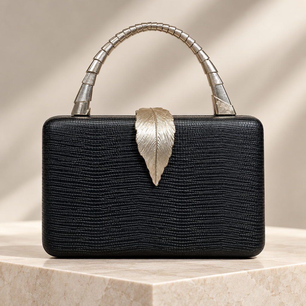 Camille Metallic Leaf Clasp Evening Clutch with Top Handle