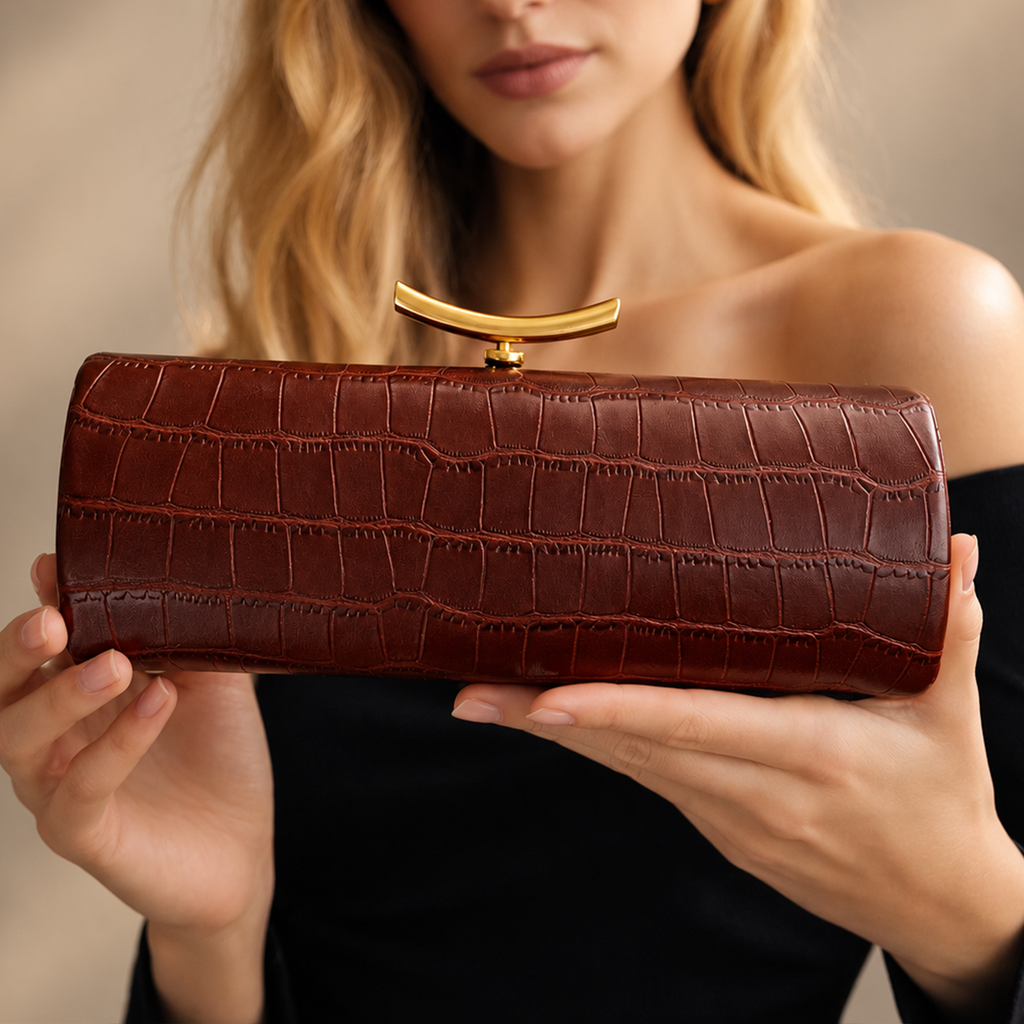 Juliette Croc-Embossed Evening Clutch with Gold Bar Clasp