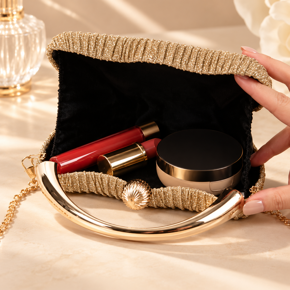 Lucienne Pleated Glitter Evening Clutch with Gold Handle