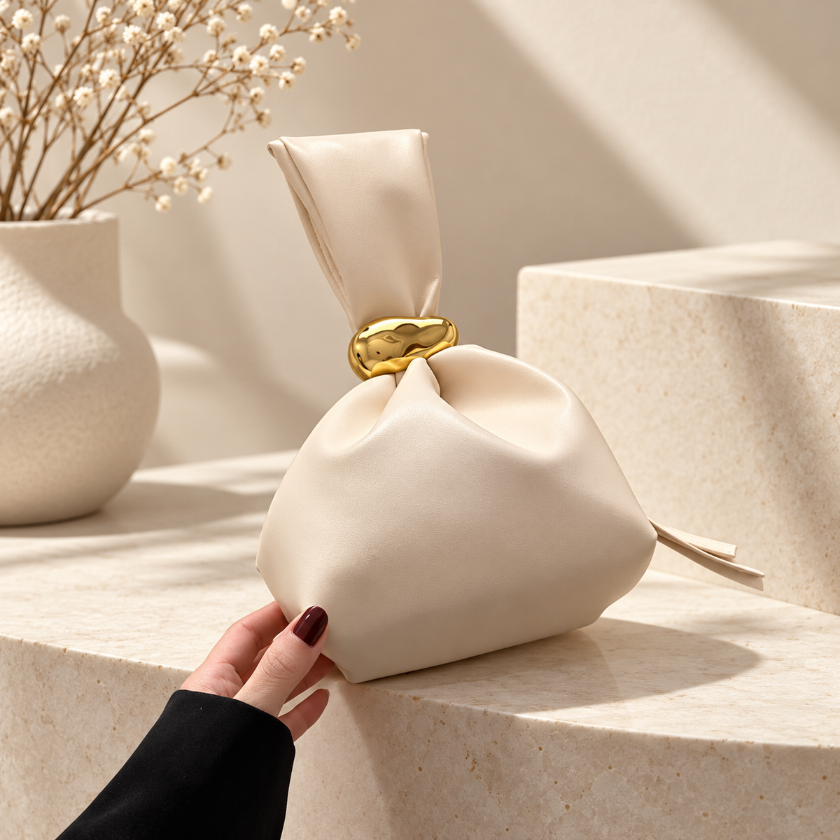 Alessia Sculpted Knot Pouch Bag with Gold-Tone Ring