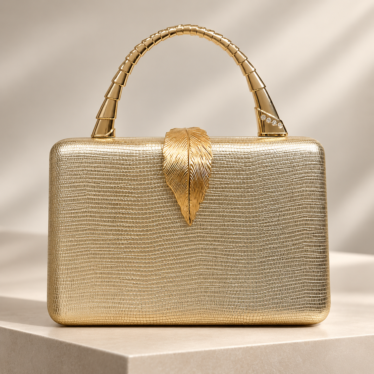 Camille Metallic Leaf Clasp Evening Clutch with Top Handle