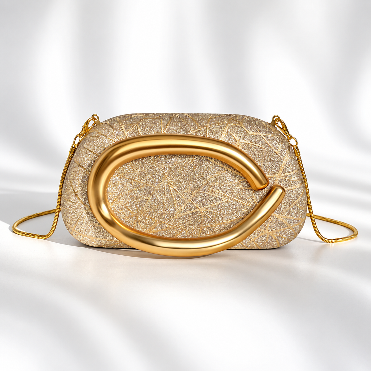Camille Glitter Evening Clutch Bag with Gold Sculptural Handle