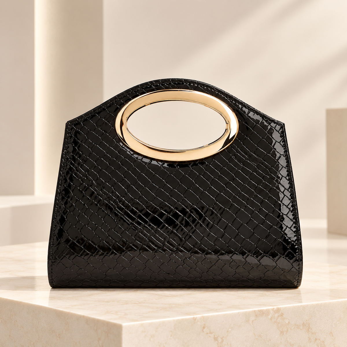 Camille Croc-Embossed Evening Handbag with Oval Metal Handle