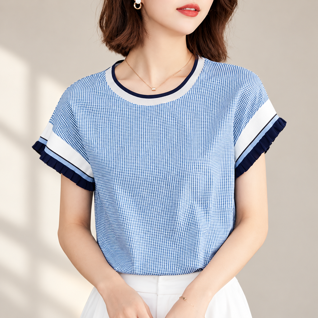 Beatrice Micro-Check Ruffle Sleeve Top