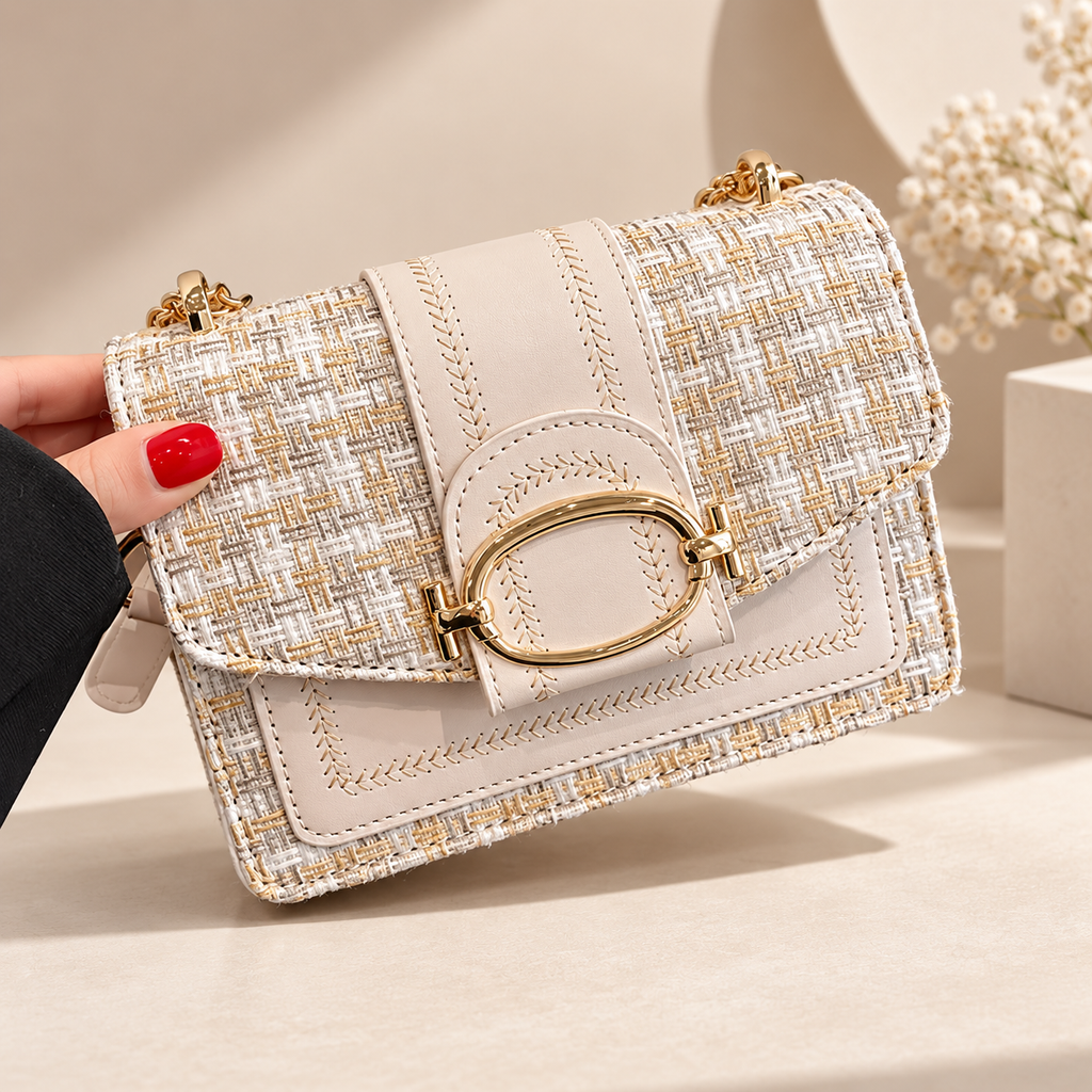 Elodie Tweed Crossbody Bag with Gold Oval Buckle